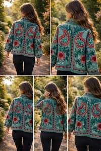 เสื้อแจ็คเก็ตผู้หญิงปักลายซูซานีสวยงามแบบใหม่ ดีไซน์ลายดอกไม้และลายเพสลีย์สุดหรูหรา สไตล์กิโมโน ทำมือ เหมาะสำหรับวันหยุด - Product Image 5
