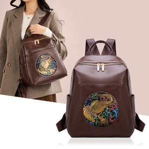 Brown Printed PU Women <b>Backpack</b> <b>Large</b> Capacity Travel <b>School</b> Bag Casual Crossbody Softback Daily Use - Product Image 1