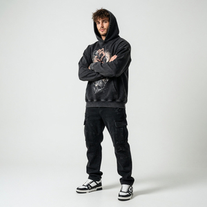 Sweat-shirt à capuche vintage noir délavé personnalisé pour homme, style streetwear, coupe ample, en coton molletonné, décontracté, unisexe - Product Image 3