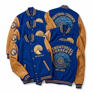 Wholesale Varsity Jacket Deep Navy Wool Body Pale <b>Grey</b> Leather Sleeve Hadal Sea Exploration Jellyfish Embroidery Letterman <b>Coat</b> - Product Image 3