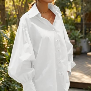 Chemise blanche à manches raglan pour femme, col rabattu, boutonnée devant, coupe ample, chemisier décontracté 100% coton popeline pour le printemps et l'automne - Product Image 4