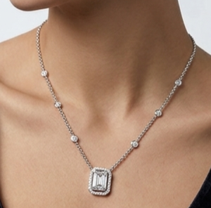 <b>Emerald</b> Cut Lab Grown Diamond <b>Pendant</b> Necklace for Women Luxury Halo Diamond Station Chain Necklace Wedding Jewelry - Product Image 4