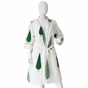 Peignoir en coton doux à imprimé floral pour femme, motif feuilles vertes, robe de spa légère et confortable, longue robe de chambre pour femme - Product Image 1
