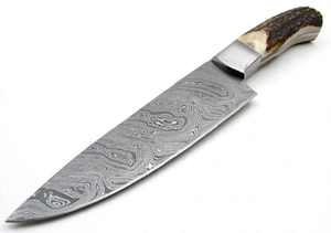 Cuchillo de Chef de Acero de Damasco Hecho a Mano con Mango de Asta de Ciervo, Espiga Completa, Cuchillo para Desollar para Camping al Aire Libre, Cuchillo Personalizado OEM - Product Image 5