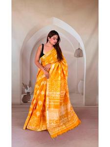 Sari en lin imprimé à la main avec chemisier, teinture naturelle, sari indien fait main, textile pur artisanal, tenue ethnique traditionnelle - Product Image 2