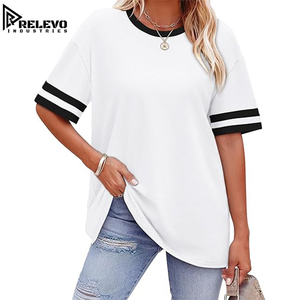 Women Oversized T-Shirt, Casual Varsity Stripe High Quality Short Sleeve Tee, Drop Shoulder Sporty Crewneck Top, Wholesale Shirt - Product Image 1