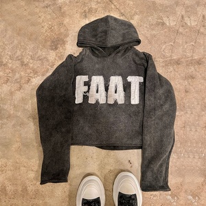 2024 mode Logo personnalisé de haute qualité Vintage surdimensionné Patchwork sweat à capuche court lavage à l'acide pull en détresse Applique à capuche - Product Image 5