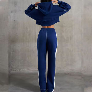 Women's Navy Blue <b>Cropped</b> Zip Up Hoodie White Contrast <b>Stripe</b> Jogger Pants 2 Piece Athletic Tracksuit Set Custom Sportswear - Product Image 2