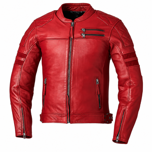 Veste de moto en cuir d'agneau véritable rouge pour homme de qualité supérieure, col montant, fermeture éclair, style motard, coupe-vent - Product Image 1