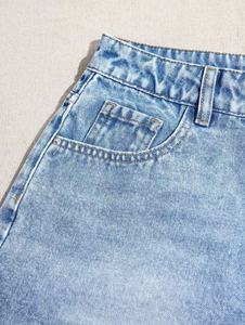 Shorts en jean taille haute pour femme, couleur unie, fermeture boutonnée, cinq poches, coupe classique, délavé, style décontracté - Product Image 4