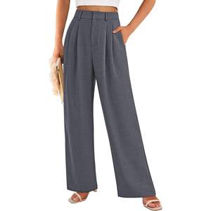 Pantalon large à taille haute pour femme, couleur unie, plissé, coupe ample, longueur complète, style décontracté, gris, en polyester, pantalon en molleton - Product Image 2