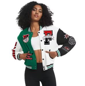 Custom Printed Knitted Breathable Women's Melton Wool Varsity <b>Jacket</b> with <b>Leather</b> Sleeve-Wholesale - Product Image 3