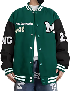 Veste universitaire classique OEM personnalisée en toile, style bomber, corps en laine, poignets côtelés, fermeture à boutons-pression, broderie, col contrastant - Product Image 1