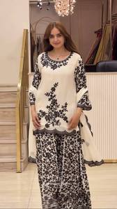 Stylish Heavy Satin <b>Top</b> Sharara Embroidery <b>Sequins</b> diamond Hand Work Festive Ethnic Wedding <b>Party</b> Wear AARIKA TEXTILE Quick Dry - Product Image 2
