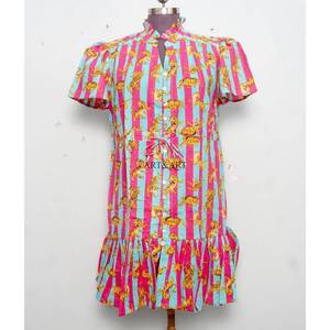 Indian handmade cotton stylish short partywear beach dress floral printed bride gift <b>personalized</b> woman fashion dress From India - Product Image 2