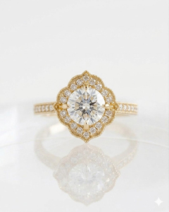 Bague de fiançailles vintage victorienne à bord festonné avec halo de diamants en or véritable 14 carats, diamant de laboratoire, style antique, milgrain floral, bague de mariée - Product Image 1