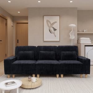 โซฟาผ้ากำมะหยี่ 3 ที่นั่ง รุ่นโมเดิร์น คอมฟอร์ท ที่นั่งลึก พร้อมที่วางแก้วสแตนเลสขัดเงา หมอนตกแต่ง 3 ใบ สำหรับห้องนั่งเล่น - Product Image 2