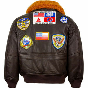 <b>Men's</b> <b>Leather</b> Bomber <b>Jacket</b> Patch Designs Stand Collar Zipper Closure Waterproof Sheep Trim Studded Design Winter Moto Style - Product Image 2