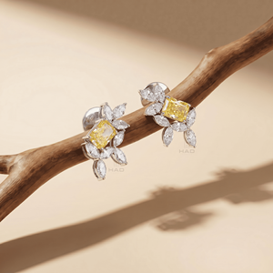 Pendientes de diamantes cultivados en laboratorio, corte radiante amarillo, oro blanco, halo floral, joyería fina de lujo para novias, regalo para mujeres - Product Image 2