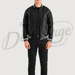 Blouson bomber en cuir véritable noir pour homme avec manches matelassées en nid d'abeille et poignets côtelés rayés, coupe ajustée - Product Image 3