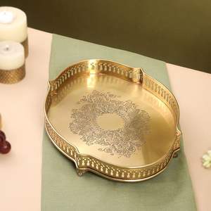 Bandeja redonda decorativa de latón para servir bebidas, aperitivos, té, café, elegante bandeja de latón para la cocina o mesa de comedor. - Product Image 2