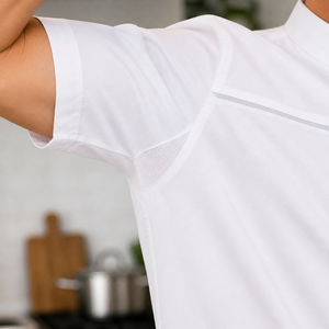 Veste de chef en fibre de bambou, anti-liquide, rafraîchissante, coupe classique, manches courtes, col mandarin, qualité supérieure, pour hôtel. - Product Image 4
