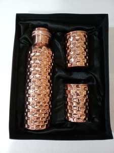 Embossed Geometric Copper Water Bottle Gift Set With Two Matching Copper <b>Glasses</b> Textured Designer Drinkware Gift - Product Image 1