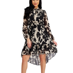 Black Tropical Print Chiffon A-Line <b>Dress</b> with <b>Elastic</b> Waist Puffed Sleeves Bow Neck High/Low Hem for Women Party Occasion - Product Image 1