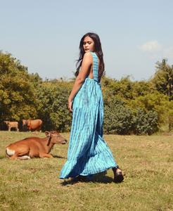 Women Blue Tie Dye Cotton Maxi <b>Dress</b> Sleeveless Backless <b>Boho</b> Beach <b>Dress</b> Tiered Summer Resort Wear - Product Image 3