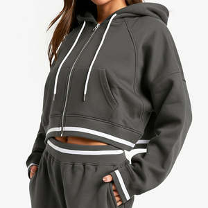 OEM ODM 100% Cotton Fleece Acid Wash Crop Top Hoodies Premium Quality Dark Grey Color Long Sleeve Drop-Shoulder Zip Up Hoodies - Product Image 2