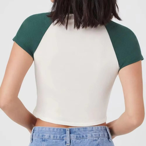 Hot Selling Summers Women's Cropped <b>Raglan</b> Sleeve T-Shirt Contrast Solid Color Casual O-Neck Slim Fit Eco-Friendly Knit Crop <b>Top</b> - Product Image 2