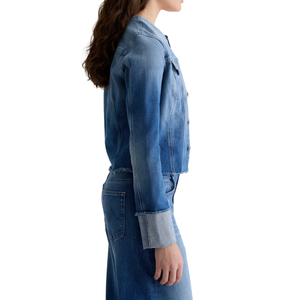 เสื้อแจ็คเก็ตทรงทรัคเกอร์สำหรับผู้หญิง ทรงปกติ ดีไซน์หรูหรา ผ้ายีนส์ผสมสแปนเด็กซ์/คอตตอน ซักแล้ว ใส่ได้ทุกฤดู  ผู้ผลิต ODM ขายส่ง - Product Image 4