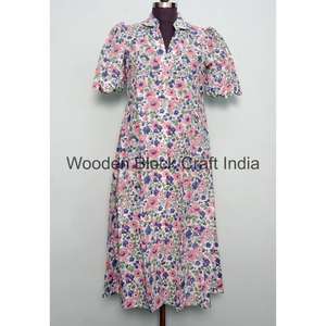 Vestido de Algodón Hecho a Mano, Estilo Bohemio, Ecológico, con Detalle de Botones, Manga Corta, Silueta en A, para Mujer, Casual, de Oficina - Product Image 1