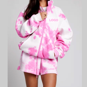 Conjunto Deportivo para Mujer, Verano, Paneles en Contraste, Sudadera con Cremallera y Pantalones Cortos, Colores Sólidos Personalizados, Bordado Frontal - Product Image 5