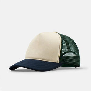 Unisex 6-Panel Trucker <b>Hat</b> With Mesh Back Cream <b>Navy</b> Green Casual Adjustable Cap For Adults Spring Summer Wear - Product Image 1