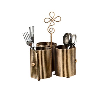 Porta Cubiertos de Metal Acanalado con 3 Compartimentos, Cesto para Cubiertos de Latón Antiguo con Asa Decorativa, Estilo Vintage para Vajilla y Platos - Product Image 1