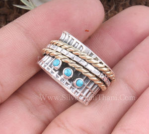Anillo giratorio de plata de ley 925 con engaste de bisel de turquesa, hecho a mano, clásico, bohemio, delicado, solitario, certificado Jaipur - Product Image 3