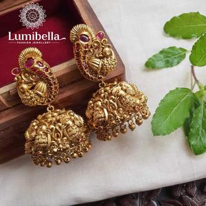Heavy Temple Peacock Jhumka Earrings in Yellow Gold with Pearl and Emerald - Product Image 3