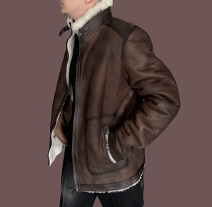 Genuine <b>Sheepskin</b> Bomber <b>Jacket</b> <b>Men</b> Classic Aviator Style Waterproof Breathable Windproof Warm Winter Leather Outerwear Vintage - Product Image 3