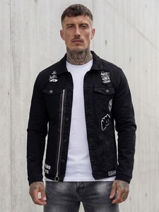 Veste en jean noire pour homme avec motifs patchwork, col rabattu, fermeture éclair, style décontracté, coton lavé, coupe ajustée - Product Image 1