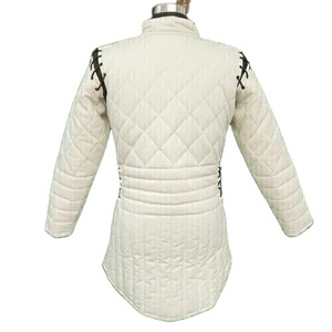 Medieval Gambeson Handmade Cotton <b>White</b> Viking Renaissance Costume Black Leather Trimmed Standard Thickness Mandarin Collar Belt - Product Image 3