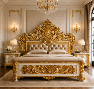 Juego de Dormitorio de Madera de Teca Hecho a Mano Estilo Turco con Acabado en Blanco y Dorado, Compre Cama King Size con Mesitas de Noche, Muebles Premium para el Hogar - Product Image 4