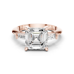 Anillo de compromiso de plata con banda de media eternidad de triple piedra, con halo de corte brillante de alta calidad, elaborado en oro rosa macizo de 14k - Product Image 1