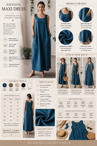 Vestido Maxi Boho sin Mangas de Lino/Algodón, Silueta en A, Cuello Redondo, Diseño Vintage Ecológico, Ropa de Oficina para Todas las Temporadas - Product Image 5