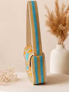 Bolso de Hombro Hecho a Mano, Ligero, con Cuentas, Bordado, Forma Rectangular, Material de Algodón, Estilo Floral/Moderno, Azul Dorado - Product Image 2
