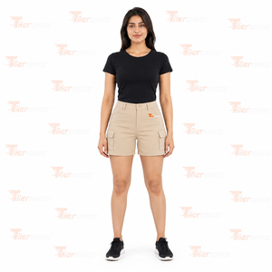 Shorts cargo en toile kaki pour femme, taille mi-haute, fermeture boutonnée, coupe droite, décontracté, uni, respirant, poches 3D - Product Image 2