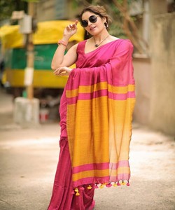 Sari de algodón rosa con borde amarillo y borlas, ropa tradicional india para mujer, estilo casual, para todas las estaciones - Product Image 1