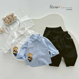 Ensemble de vêtements pour enfants BEEMO Fashion Design, chemise élégante + pantalon, tenue scolaire, imprimé uni, imprimé ours mignon, ensembles de vêtements pour garçons en bas âge - Product Image 6