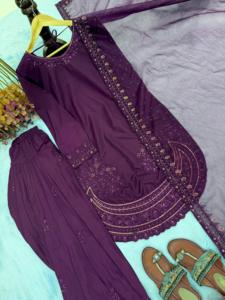 Wedding Salwar Kameez <b>Set</b> Ethnic Wear Knee-Length Silk Salwar Kameez Party Embroidery Sequence Zari Work - Product Image 6