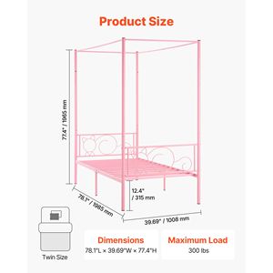Letto a baldacchino in metallo a una piazza e mezza con testiera minimalista a quattro montanti, supporto a doghe in acciaio resistente per letti per bambini - Product Image 4